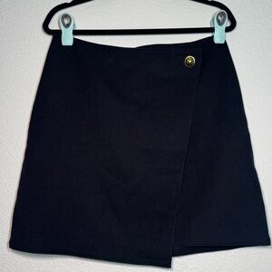 LOFT Black Wrap-Front Mini Skirt with Gold Button